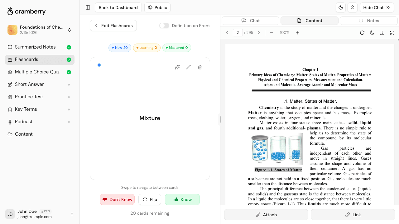 PDF to flashcard converter interface showing AI-generated flashcards from textbook PDF