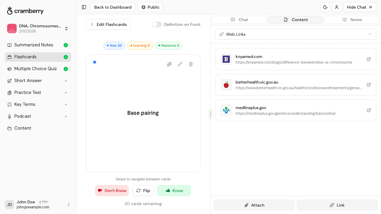 AI flashcard generator creating flashcards from a web article
