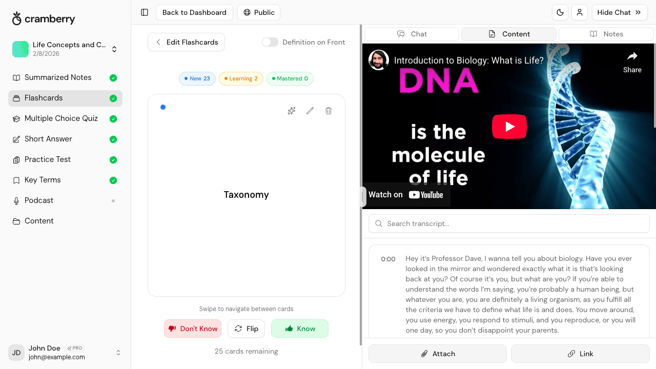 AI flashcard generator turning a YouTube lecture into study flashcards
