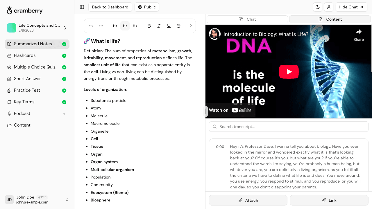 AI YouTube video to notes generator showing summarized notes from a video lecture
