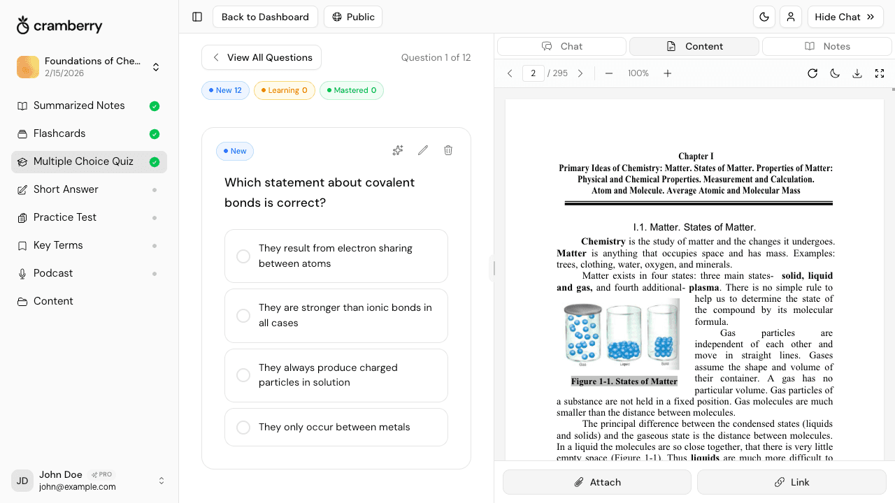 AI generating a multiple choice practice quiz from a PDF document