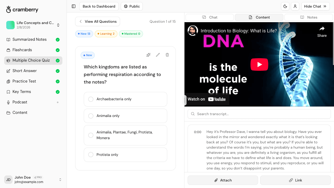 AI quiz generator creating practice test from YouTube video - online quiz maker for studying